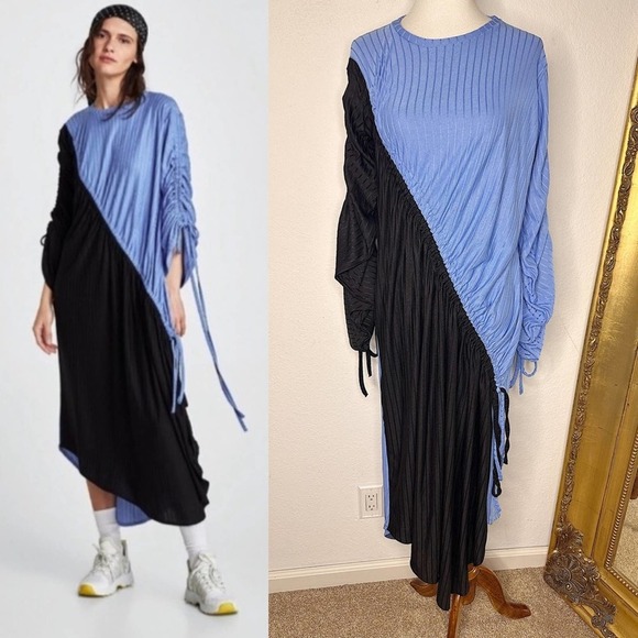 NWT Zara Collection Blue Black Ribbed Cinched Gathered Dress Size Small $49.90 - Picture 1 of 7
